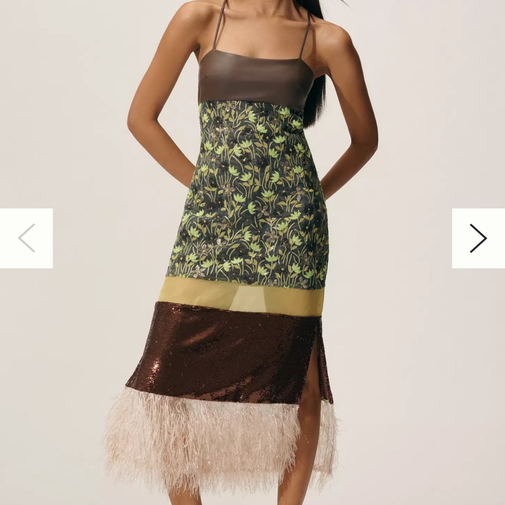 By Anthropologie Mixed Floral Faux-Feather Midi Dress